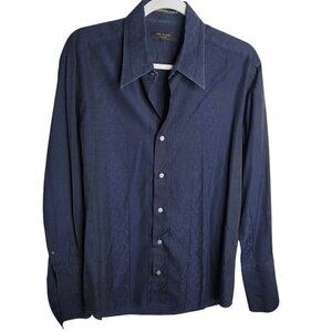 Ted Baker Dress Shirt M Blue Long Sleeve Button Down Embossed Print 100% Cotton